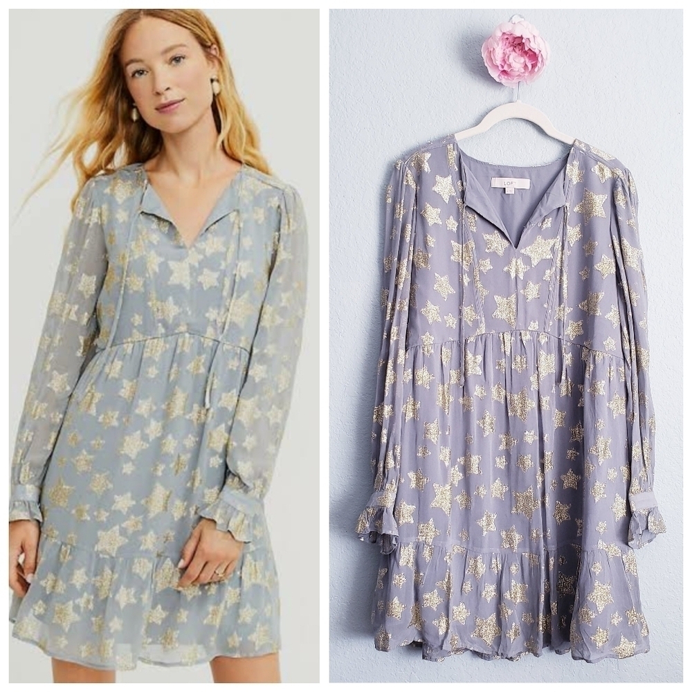 LOFT Shimmer Glitter Star Tiered Long Sleeve Mini Dress